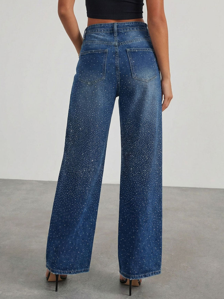 Rhinestone Wide Leg Jeans For Women - Washed Blue Y2K Belted Sparkly Straight Denim - Spring Party Night Out 2026