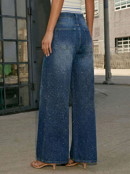 Rhinestone Wide Leg Jeans For Women - Washed Blue Y2K Belted Sparkly Straight Denim - Spring Party Night Out 2026