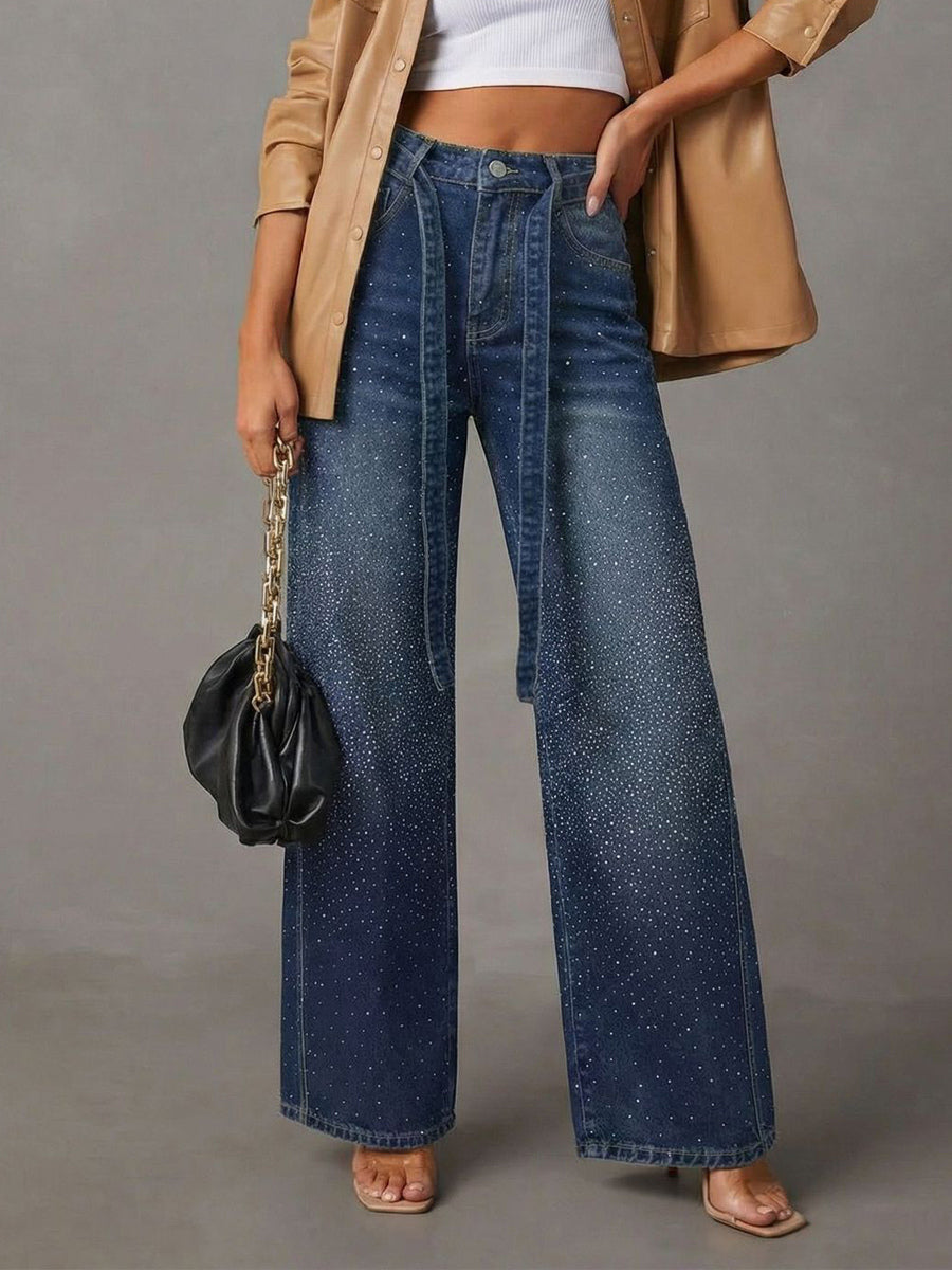 Rhinestone Wide Leg Jeans For Women - Washed Blue Y2K Belted Sparkly Straight Denim - Spring Party Night Out 2026