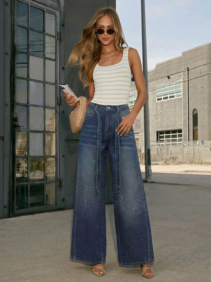 Rhinestone Wide Leg Jeans For Women - Washed Blue Y2K Belted Sparkly Straight Denim - Spring Party Night Out 2026
