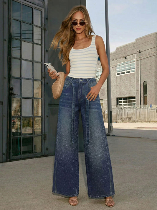 Rhinestone Wide Leg Jeans For Women - Washed Blue Y2K Belted Sparkly Straight Denim - Spring Party Night Out 2026