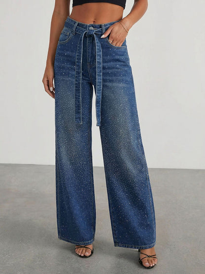 Rhinestone Wide Leg Jeans For Women - Washed Blue Y2K Belted Sparkly Straight Denim - Spring Party Night Out 2026