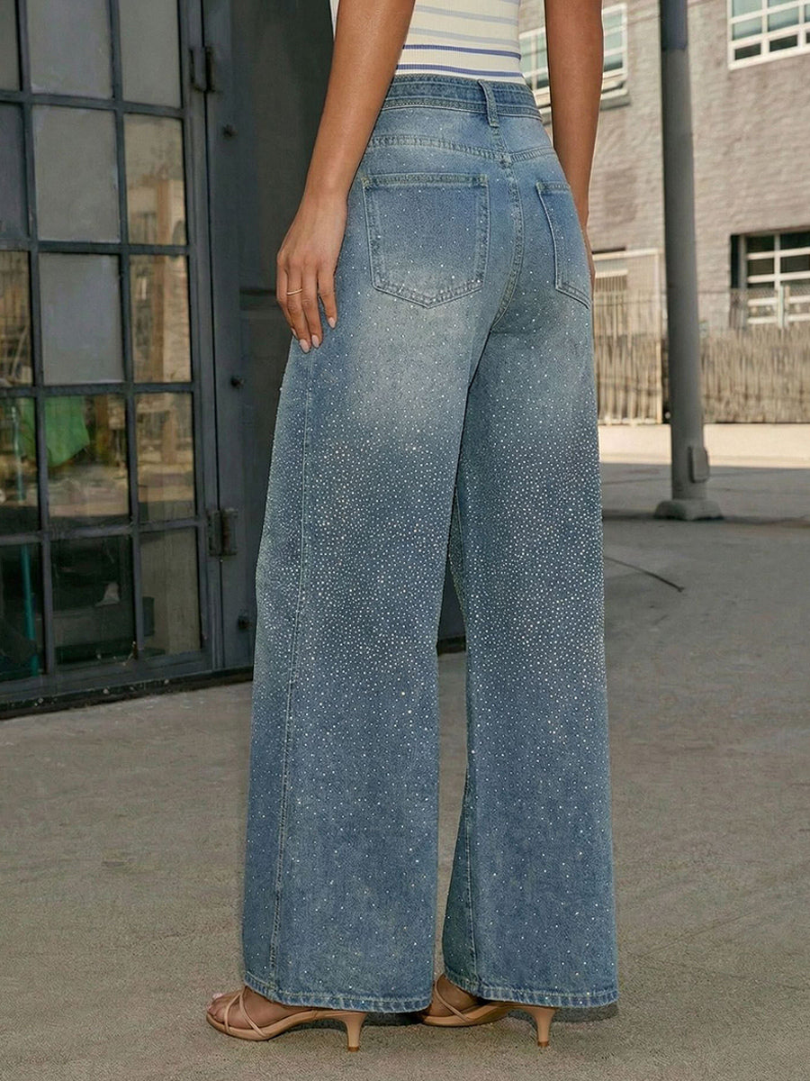 Rhinestone Wide Leg Jeans For Women - Washed Blue Y2K Belted Sparkly Straight Denim - Spring Party Night Out 2026