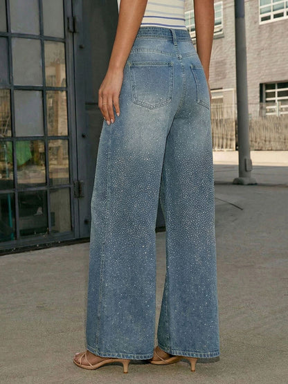 Rhinestone Wide Leg Jeans For Women - Washed Blue Y2K Belted Sparkly Straight Denim - Spring Party Night Out 2026