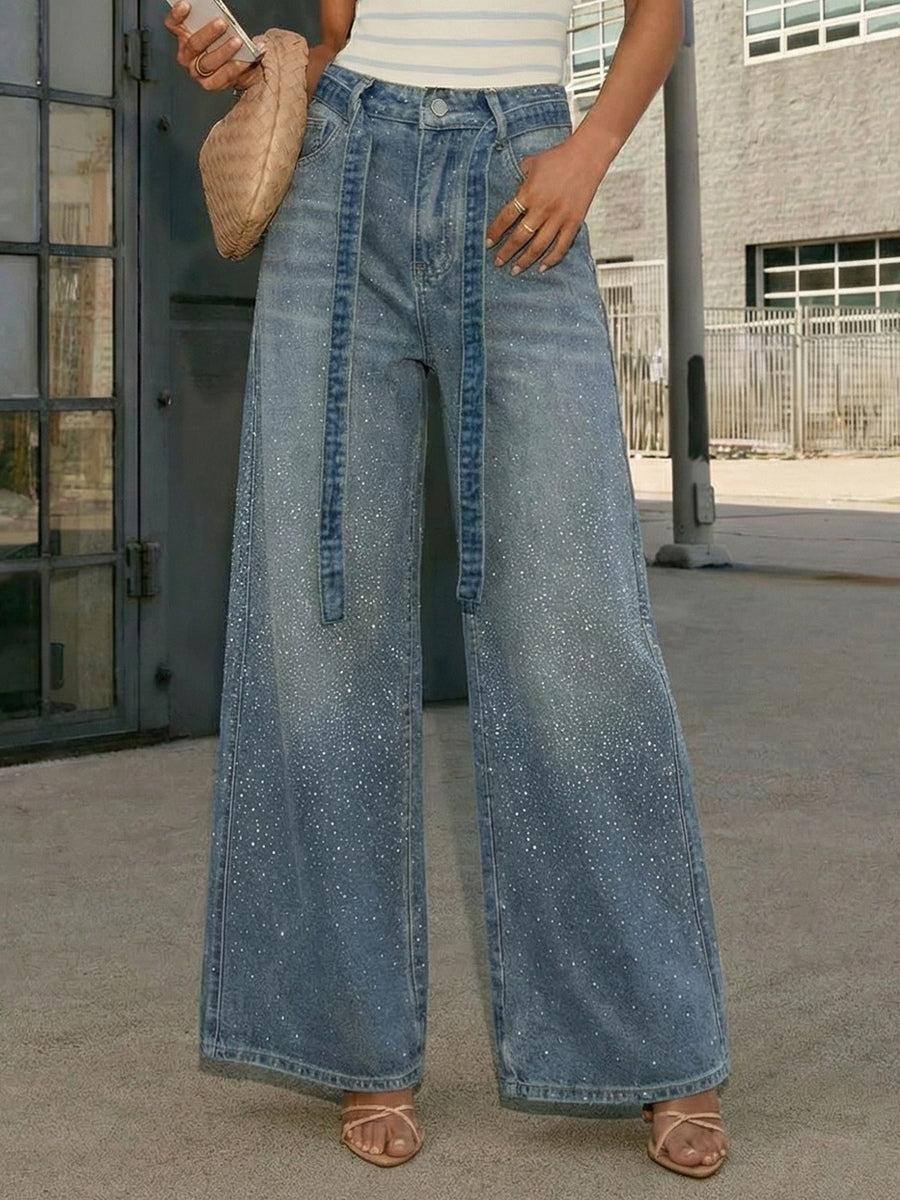 Rhinestone Wide Leg Jeans For Women - Washed Blue Y2K Belted Sparkly Straight Denim - Spring Party Night Out 2026