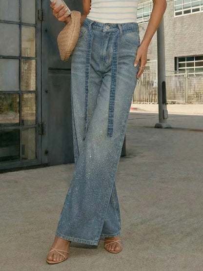 Rhinestone Wide Leg Jeans For Women - Washed Blue Y2K Belted Sparkly Straight Denim - Spring Party Night Out 2026