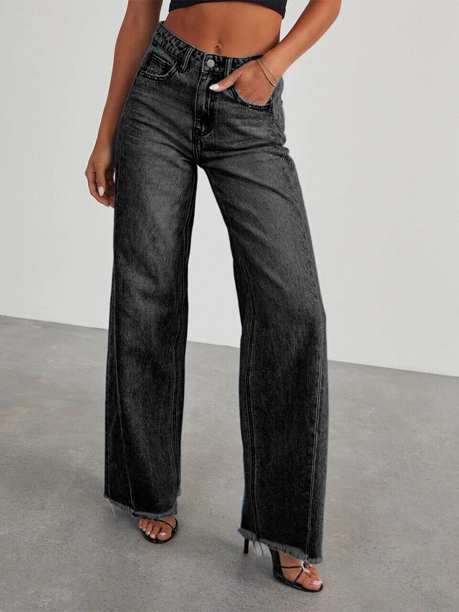 Seam Front Wide Leg Jeans For Women - Retro Raw Hem Washed Denim - Spring Casual Streetwear 2026
