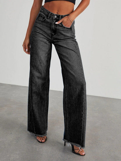 Seam Front Wide Leg Jeans For Women - Retro Raw Hem Washed Denim - Spring Casual Streetwear 2026
