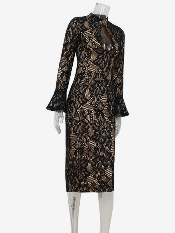 Lace Bodycon Midi Dress For Women - Black Vintage Keyhole Bell Sleeve Back Slit Sheath Dress - Spring Cocktail Party 2026