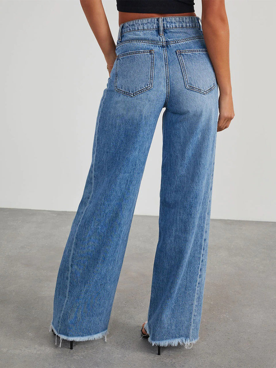 Seam Front Wide Leg Jeans For Women - Retro Raw Hem Washed Denim - Spring Casual Streetwear 2026
