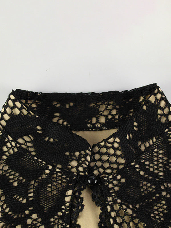 Lace Bodycon Midi Dress For Women - Black Vintage Keyhole Bell Sleeve Back Slit Sheath Dress - Spring Cocktail Party 2026