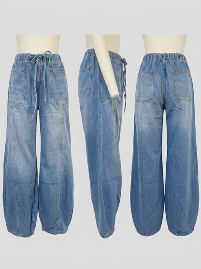 Horseshoe Barrel Washed Jeans For Women - Casual Tie Waist Seam Front Balloon Pants - Spring Streetwear 2026