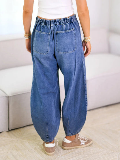 Horseshoe Barrel Washed Jeans For Women - Casual Tie Waist Seam Front Balloon Pants - Spring Streetwear 2026