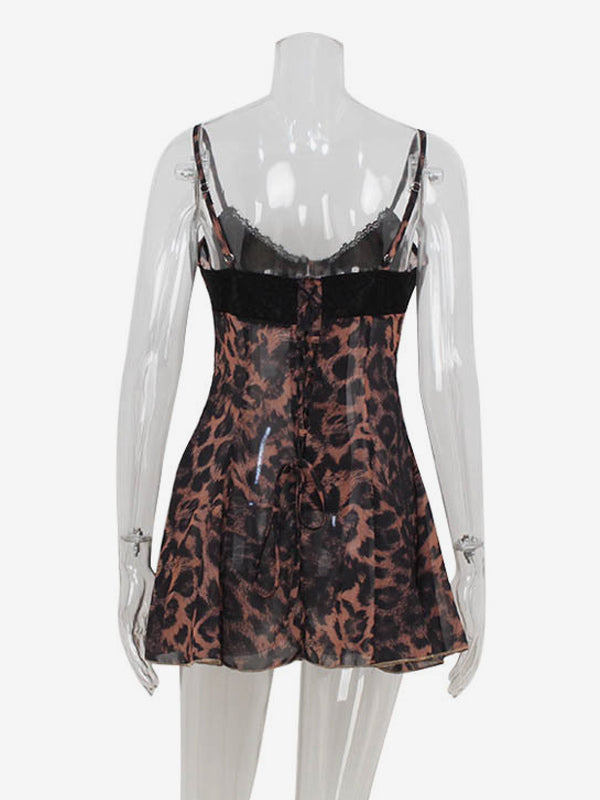 Leopard Print Women Mini Slip Dress - Brown Y2K Lace Patchwork Cami Slip Fit Flare - Summer Club Party Night Out 2026