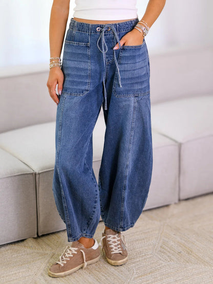 Horseshoe Barrel Washed Jeans For Women - Casual Tie Waist Seam Front Balloon Pants - Spring Streetwear 2026