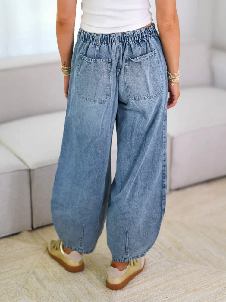 Horseshoe Barrel Washed Jeans For Women - Casual Tie Waist Seam Front Balloon Pants - Spring Streetwear 2026