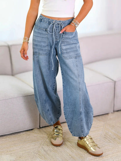 Horseshoe Barrel Washed Jeans For Women - Casual Tie Waist Seam Front Balloon Pants - Spring Streetwear 2026