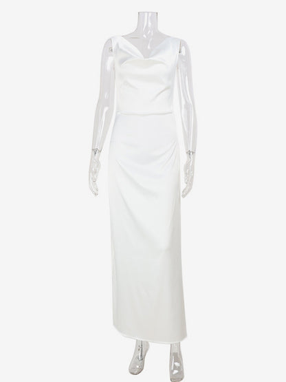 White Satin Women Maxi Dress - Elegant Silk Style Cowl Neck Backless Sleeveless Gown - Summer Evening Party Prom 2026