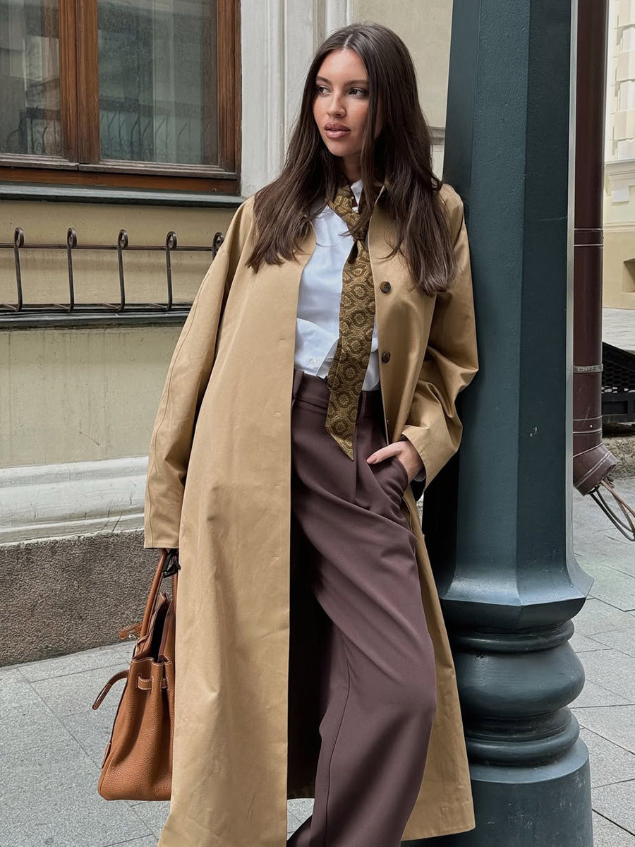 Classic Long Trench Coat For Women - Khaki Minimalist Single-Breasted Relaxed Fit Dust Coat - Spring Office-to-dinner Outerwear 2026