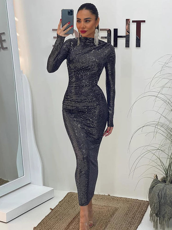 Shimmery Sequin Ruched Maxi Dress For Women - Black Boat Neck Long Sleeve Bodycon Gown - Spring Gala Party 2026