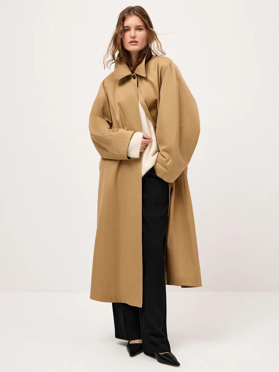 Classic Long Trench Coat For Women - Khaki Minimalist Single-Breasted Relaxed Fit Dust Coat - Spring Office-to-dinner Outerwear 2026