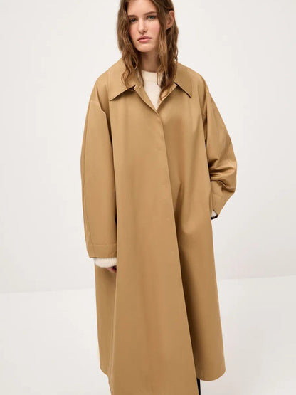 Classic Long Trench Coat For Women - Khaki Minimalist Single-Breasted Relaxed Fit Dust Coat - Spring Office-to-dinner Outerwear 2026