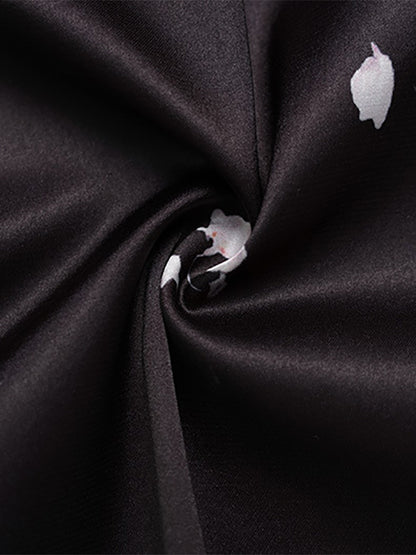 Satin Lace Patchwork Maxi Dress For Women - Black Floral Print V-Neck Short Sleeve Slim Fit - Summer Night Out 2026