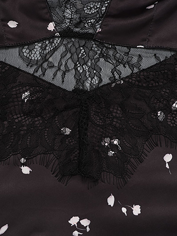 Satin Lace Patchwork Maxi Dress For Women - Black Floral Print V-Neck Short Sleeve Slim Fit - Summer Night Out 2026