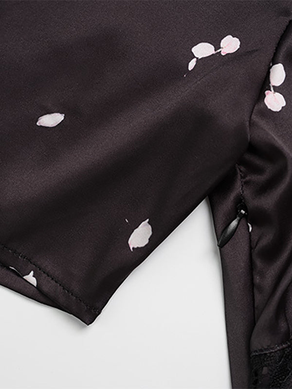 Satin Lace Patchwork Maxi Dress For Women - Black Floral Print V-Neck Short Sleeve Slim Fit - Summer Night Out 2026