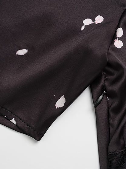 Satin Lace Patchwork Maxi Dress For Women - Black Floral Print V-Neck Short Sleeve Slim Fit - Summer Night Out 2026