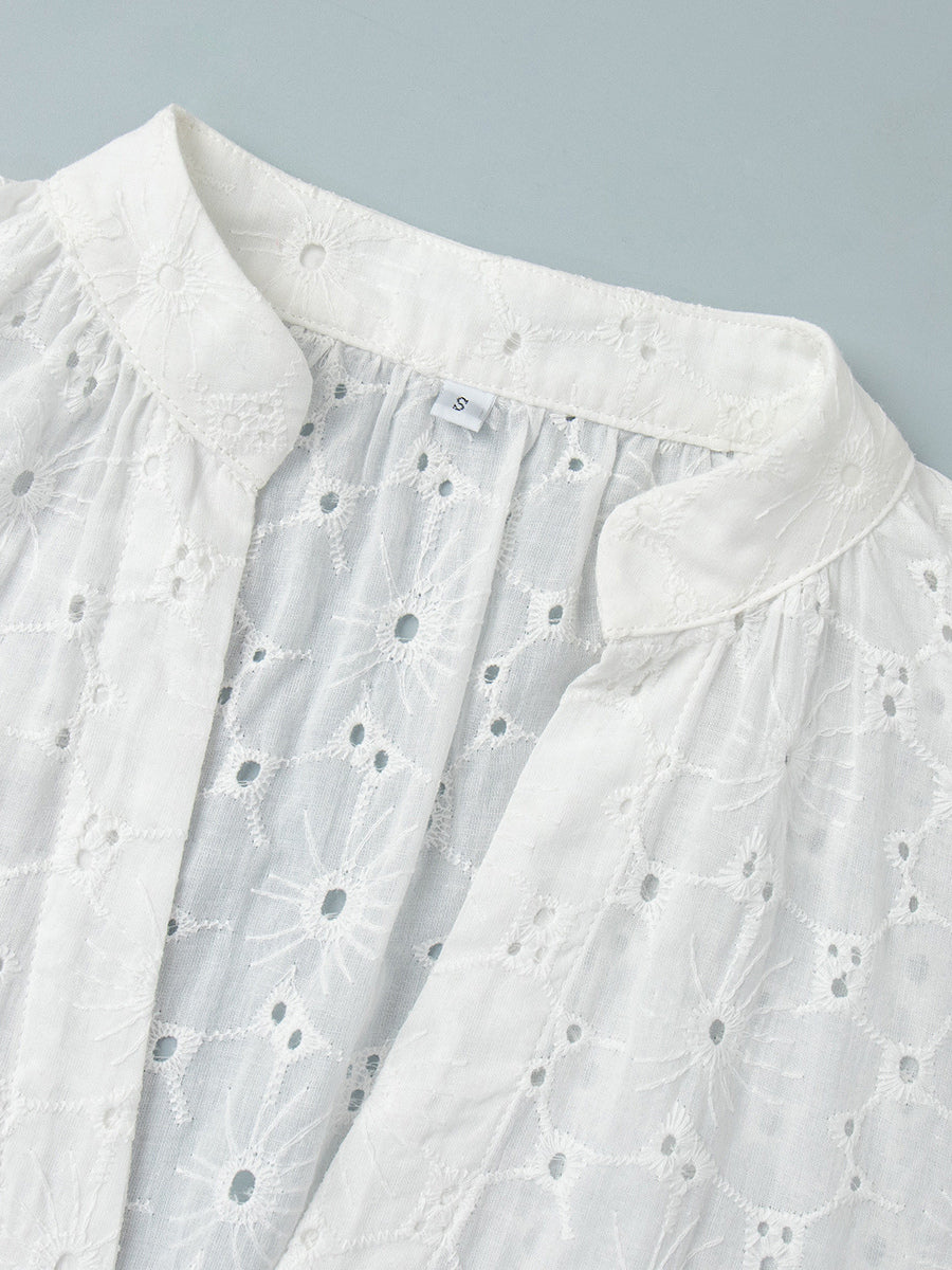 Eyelet Embroidery Maxi Dress For Women - White Boho V-Neck Oversized Ruffle Hem Kaftan - Summer Beach Vacation 2026