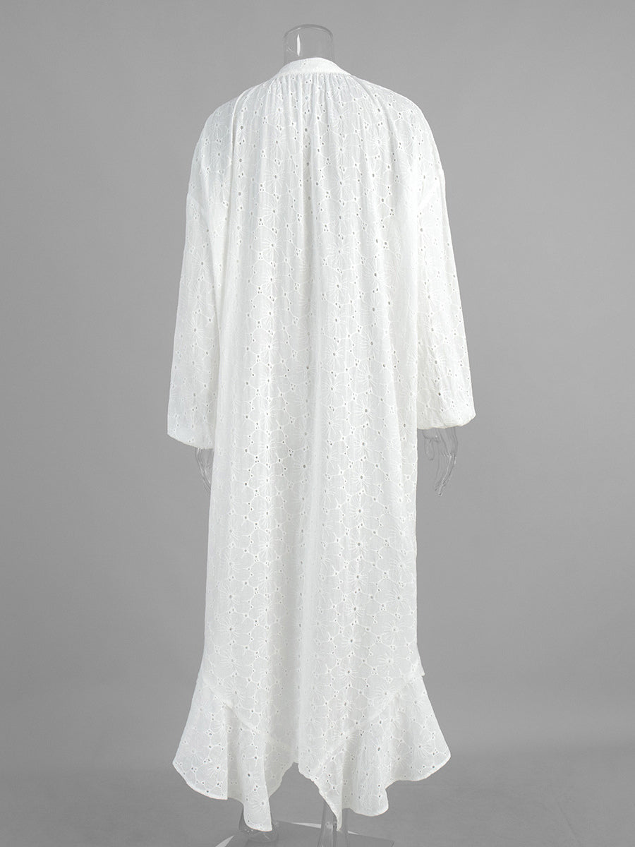 Eyelet Embroidery Maxi Dress For Women - White Boho V-Neck Oversized Ruffle Hem Kaftan - Summer Beach Vacation 2026