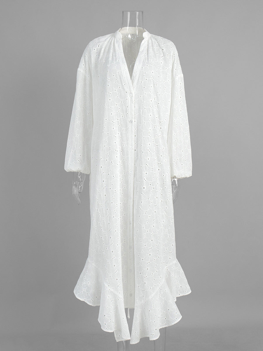 Eyelet Embroidery Maxi Dress For Women - White Boho V-Neck Oversized Ruffle Hem Kaftan - Summer Beach Vacation 2026
