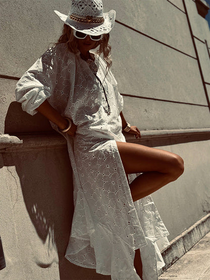 Eyelet Embroidery Maxi Dress For Women - White Boho V-Neck Oversized Ruffle Hem Kaftan - Summer Beach Vacation 2026