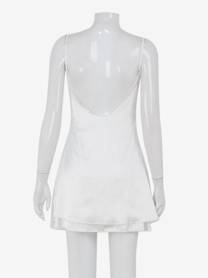 Satin Lace Trim Slip Dress For Women - White Sexy V-Neck Spaghetti Strap Mini Camisole - Summer Date Night 2026