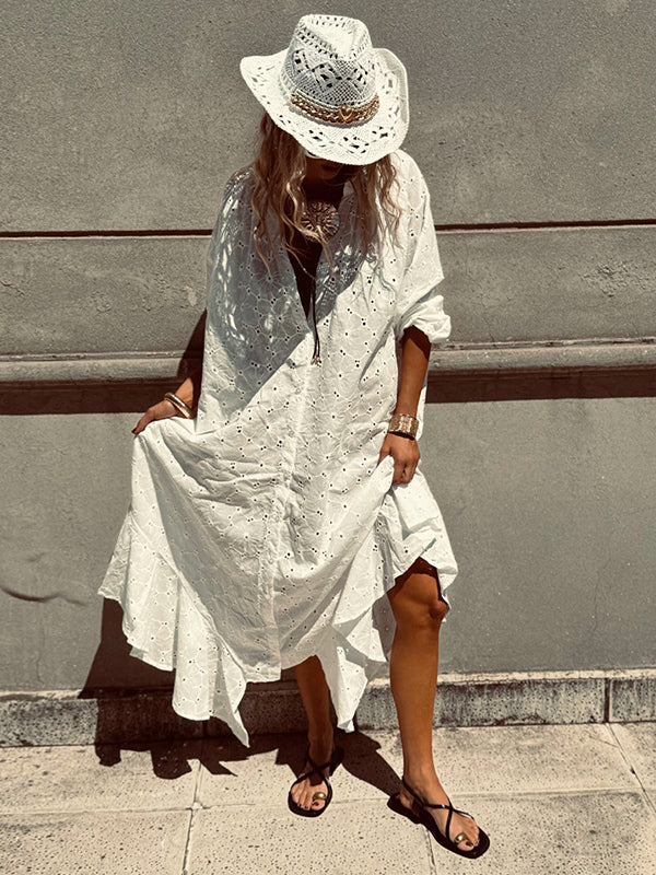Eyelet Embroidery Maxi Dress For Women - White Boho V-Neck Oversized Ruffle Hem Kaftan - Summer Beach Vacation 2026