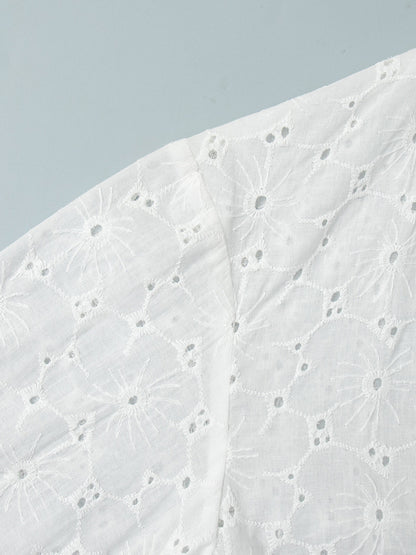 Eyelet Embroidery Maxi Dress For Women - White Boho V-Neck Oversized Ruffle Hem Kaftan - Summer Beach Vacation 2026