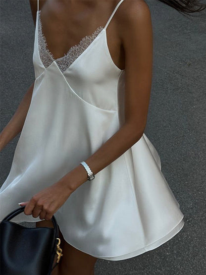 Satin Lace Trim Slip Dress For Women - White Sexy V-Neck Spaghetti Strap Mini Camisole - Summer Date Night 2026