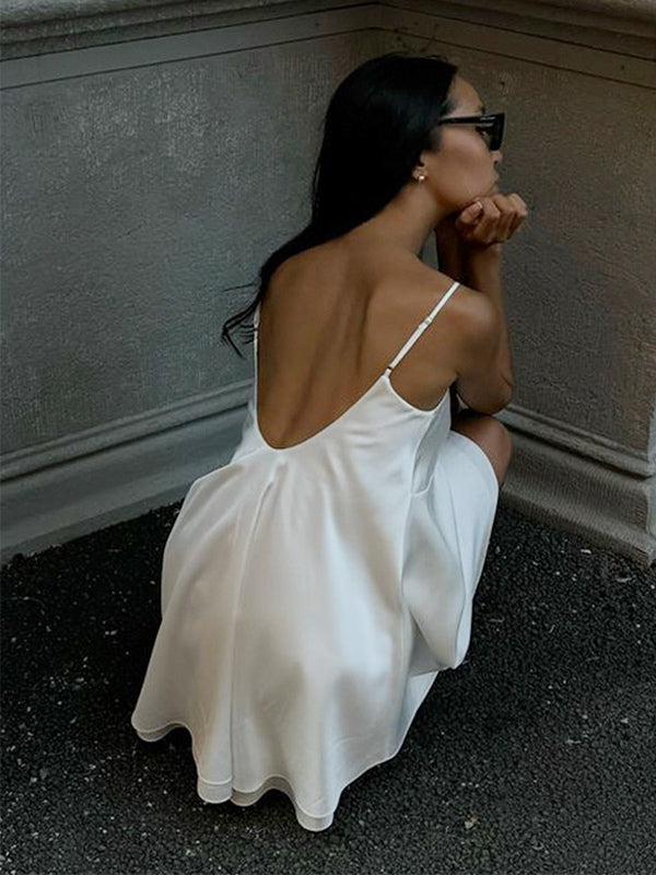 Satin Lace Trim Slip Dress For Women - White Sexy V-Neck Spaghetti Strap Mini Camisole - Summer Date Night 2026