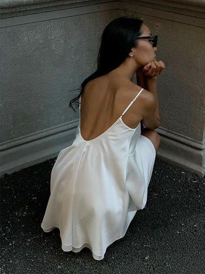 Satin Lace Trim Slip Dress For Women - White Sexy V-Neck Spaghetti Strap Mini Camisole - Summer Date Night 2026