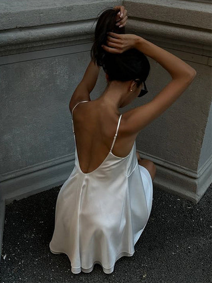 Satin Lace Trim Slip Dress For Women - White Sexy V-Neck Spaghetti Strap Mini Camisole - Summer Date Night 2026