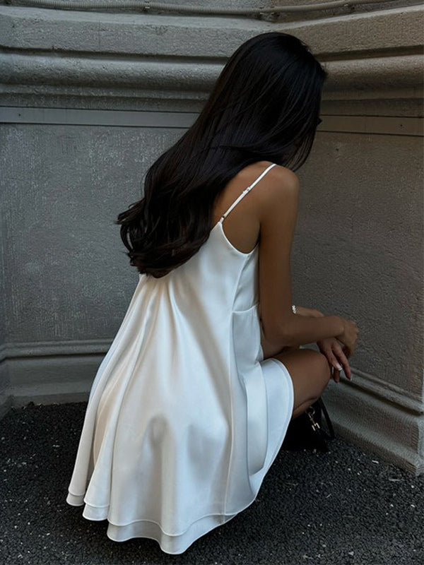 Satin Lace Trim Slip Dress For Women - White Sexy V-Neck Spaghetti Strap Mini Camisole - Summer Date Night 2026