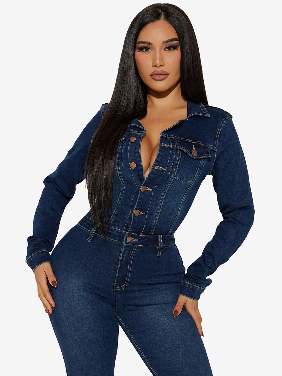 Washed Denim Flare Jumpsuit For Women - Dark Blue Long Sleeve Cotton Bootcut Romper - Spring Streetwear 2026