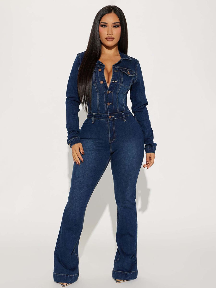 Washed Denim Flare Jumpsuit For Women - Dark Blue Long Sleeve Cotton Bootcut Romper - Spring Streetwear 2026
