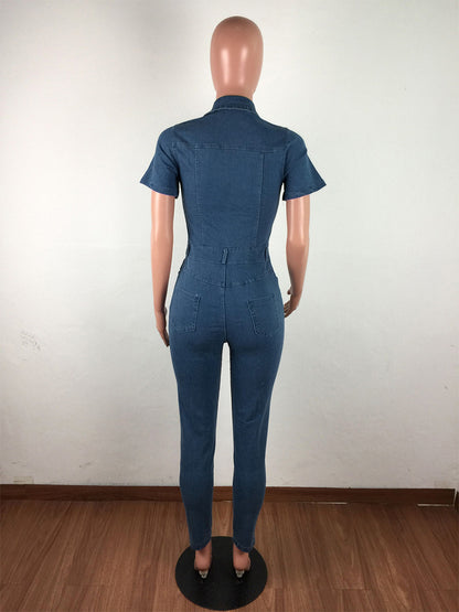Slim Fit Washed Denim Jumpsuit For Women - Dark Blue Sexy Bodycon Short Sleeve Button Up Romper - Summer Casual Streetwear 2026