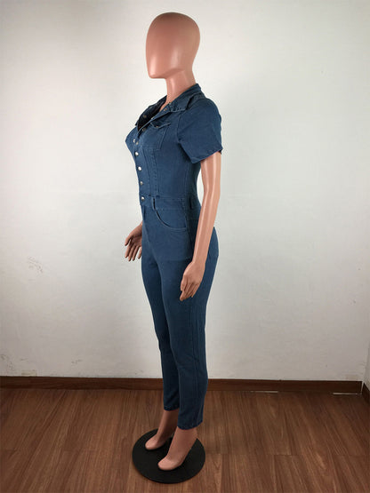 Slim Fit Washed Denim Jumpsuit For Women - Dark Blue Sexy Bodycon Short Sleeve Button Up Romper - Summer Casual Streetwear 2026