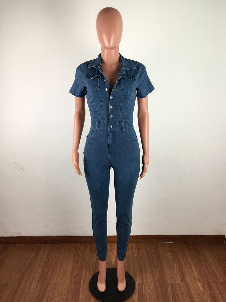 Slim Fit Washed Denim Jumpsuit For Women - Dark Blue Sexy Bodycon Short Sleeve Button Up Romper - Summer Casual Streetwear 2026