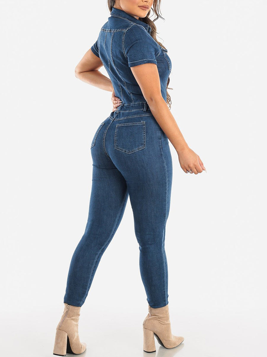 Slim Fit Washed Denim Jumpsuit For Women - Dark Blue Sexy Bodycon Short Sleeve Button Up Romper - Summer Casual Streetwear 2026