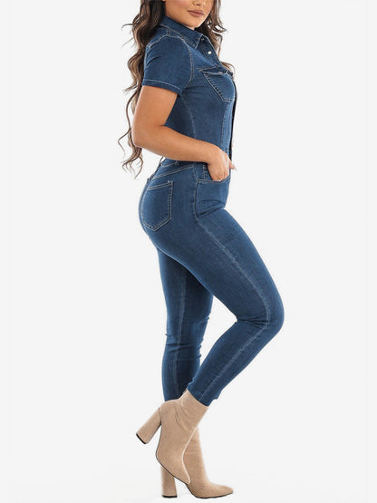 Slim Fit Washed Denim Jumpsuit For Women - Dark Blue Sexy Bodycon Short Sleeve Button Up Romper - Summer Casual Streetwear 2026