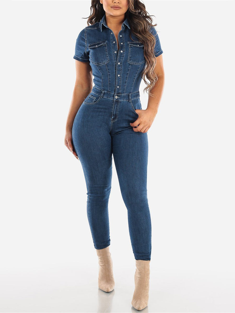 Slim Fit Washed Denim Jumpsuit For Women - Dark Blue Sexy Bodycon Short Sleeve Button Up Romper - Summer Casual Streetwear 2026